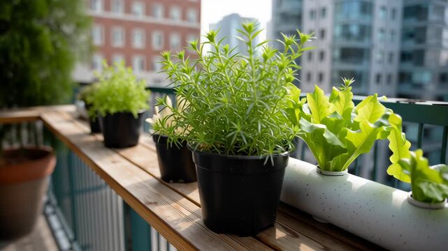 Tranquil urban farming on city balcony garden showing modern sustainable lifestyle, with fresh organic lettuce and herb growing in home hydroponic system for healthy food choices