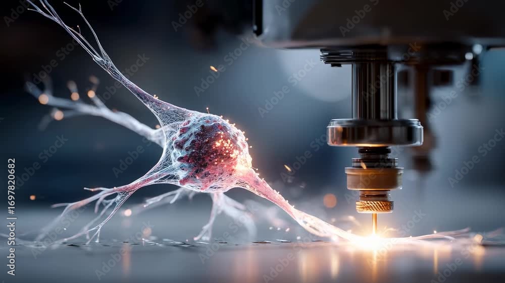Aufkleber futuristic 3d printer creating complex printed neuron model, showcasing innovative bioprinting techn