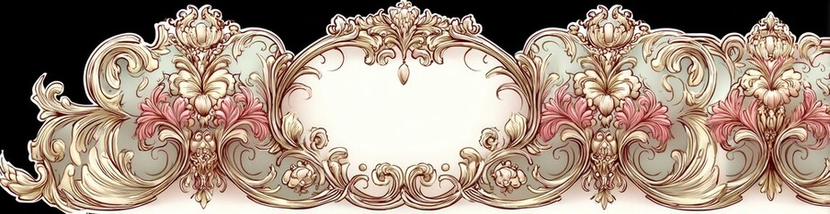 Ornate, pastel-toned, decorative trim with sculpted floral and scrollwork designs