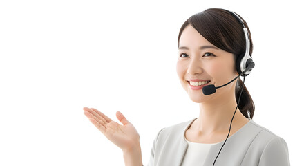Friendly customer service agent with headset warmly welcoming clients and offering assistance with a helpful gesture in a professional setting.