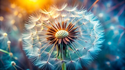 Photo of a closeup, macro view of a dandelion seed head, its delicate white filaments catching the warm, golden sunlight, creating a magical and ethereal glow against a blurred blue background