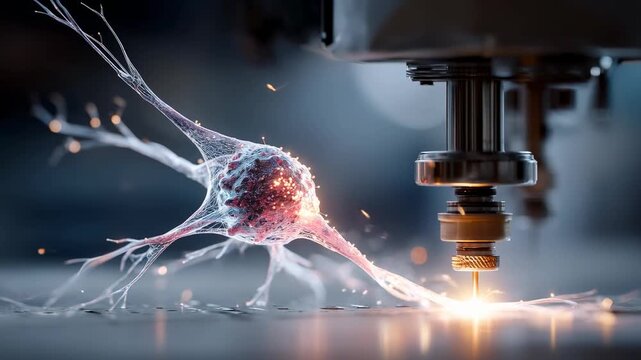 Futuristic 3d printer creating complex printed neuron model, showcasing innovative bioprinting technology for advanced neuroscience research and medical advancement