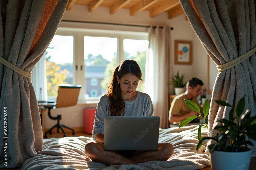 Aufkleber capturing creativity: professionals working from home in unconventional spaces