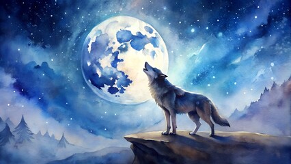 Photo of a majestic wolf howls at the full moon on a cliff edge under a starry night sky, with a watercolor artistic style