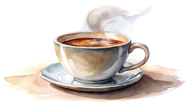 Photo of a steaming cup of coffee on a saucer, depicted in a soft watercolor style, isolated on white background