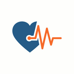 Blue Heart with Orange Pulse Line Icon Set - Flat Design for Healthcare and Wellness