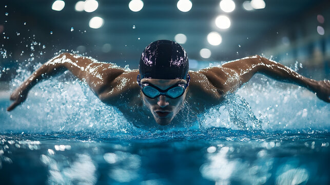 Dynamic close-up of a competitive swimmer in action for sports design - Powered by Adobe