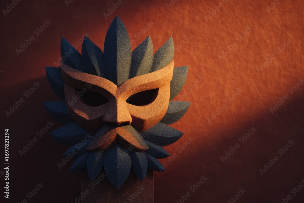 Poster Stylized mask with intricate leaf patterns, casting shadows on t