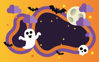 Spooky Halloween Background with Ghost and Bats.