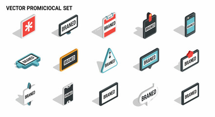 Isometric branded sign icons: asterisk, monitor, clipboard, phone, tag, and talk bubble in flat line style vector set