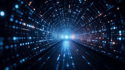 Obraz premium Futuristic Digital Tunnel: Abstract Blue and Orange Data Stream, Bright Light at End, Technology Concept