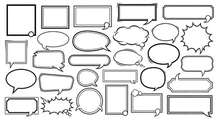 A collection of hand-drawn speech bubbles and thought balloons in various shapes and sizes, outlined in black, isolated on a white background.