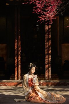 Elegant woman in traditional hanfu dress sitting outdoors under cherry blossoms.