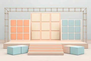 Stage setup with geometric panels and blocks peach