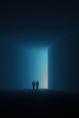 Silhouettes of two figures stand before large, illuminated doorw