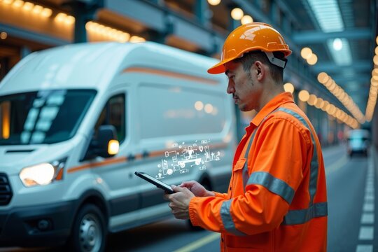 Service Worker in Vibrant Uniform Uses Holographic Tablet in Futuristic Delivery Scene