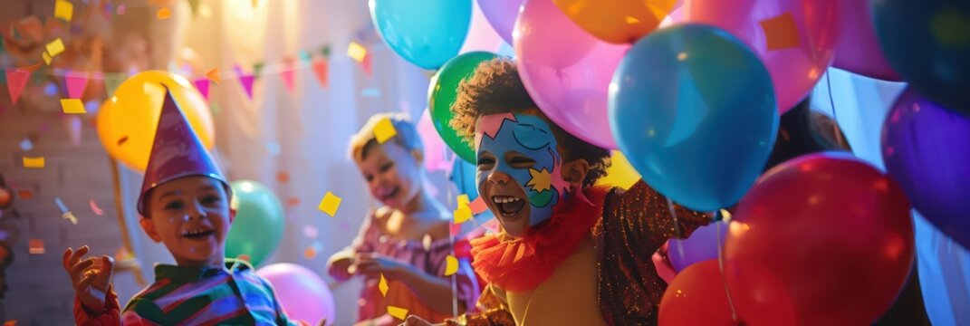 Festive children celebrating Halloween with costumes and balloons - Powered by Adobe