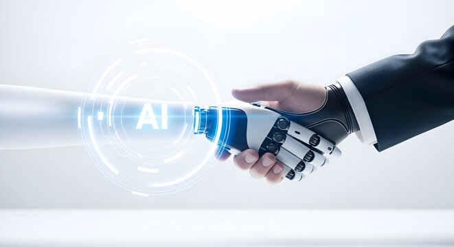 Dynamic handshake between human hand and advanced robot arm symbolizes powerful AI integration and future business collaboration