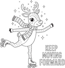 Fototapeta premium Cute reindeer with scarf practices roller skating alongside inspirational saying within a transparent backdrop