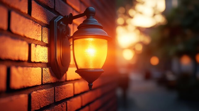 Brick wall exterior lantern glows - Powered by Adobe