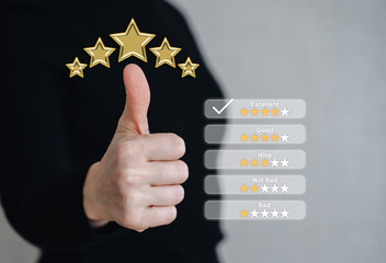 Person giving a thumbs up with a feedback checklist, symbolizing excellent rating and positive feedback