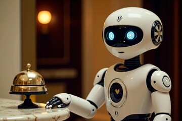 Fototapeta premium Image: Futuristic Robot in Classy Bellhop Attire Standing in Luxurious Hotel Lobby with Glowing Digital Eyes