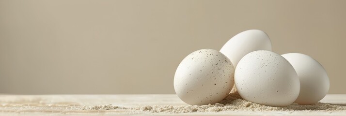 Celebration of world egg day with fresh eggs on natural background for culinary inspiration. Horizontal banner. Copy space. World Farm Animals Day. World Bird Day. Healthy farm food