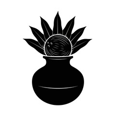 A black silhouette of a traditional Hindu Purna-Kalasha, a sacred pot with a coconut and mango leaves.