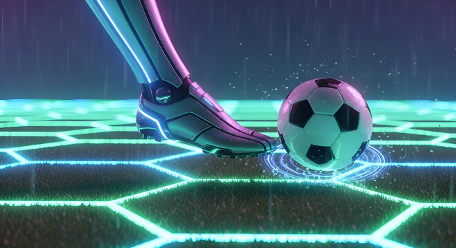 Futuristic cybernetic soccer boot poised to strike a ball on a glowing neon grid field, capturing the essence of advanced sports technology and dynamic gameplay.