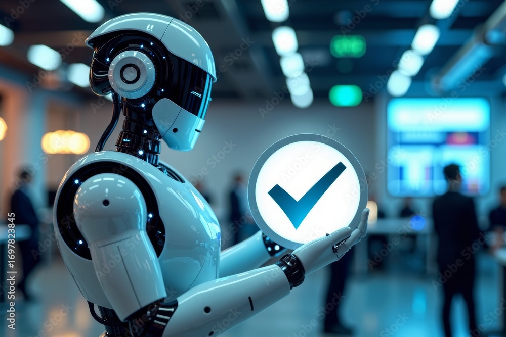 Poster advanced ai robot automating surveys with giant check mark