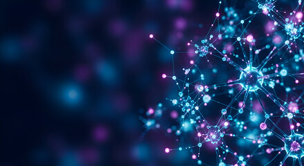 Dynamic abstract network of glowing neon blue and purple neurons interconnected with light trails on a dark background