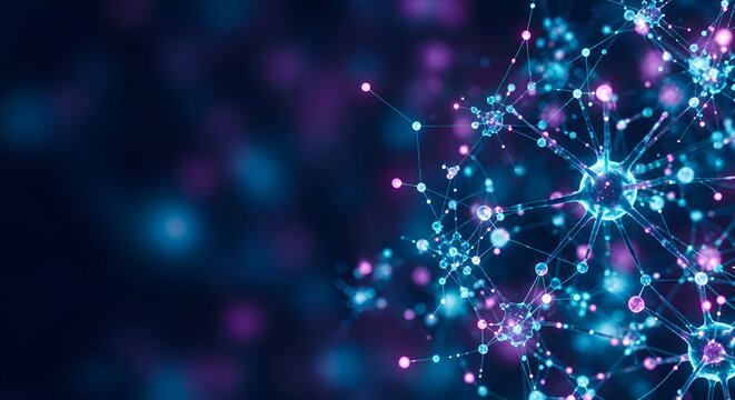 Dynamic abstract network of glowing neon blue and purple neurons interconnected with light trails on a dark background