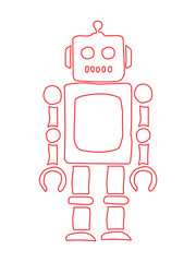 Red Outline Robot Illustration on Black Background with Square Head Antenna and Five Eyes