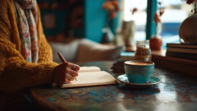 A woman writes in a journal beside a blue cup of coffee in a cafe