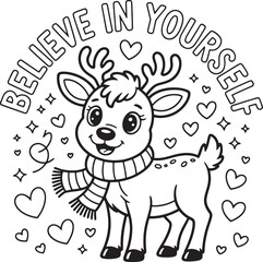 Obraz premium Happy baby reindeer wearing a scarf stands amidst hearts and stars, transparent background