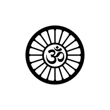 Black and white circular design featuring the Om symbol within a radiating sunburst pattern.