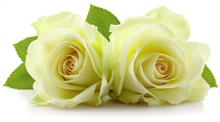 Two pale yellow roses with green leaves