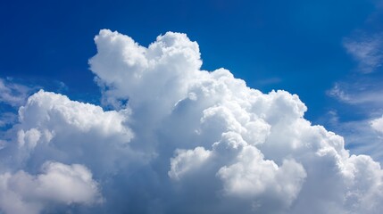 Naklejka premium Bright White Cumulus Cloud Against a Vibrant Blue Sky: Fluffy Cumulus Cloud in Vivid Blue Sky, Crisp Sky Scene with Luminous White Cloud—Serene Nature View of Cumulus in Bold Blue Sky