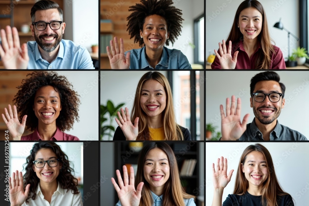 Aufkleber dynamic and modern visual representation: diverse group of friends smiling and waving on video confe