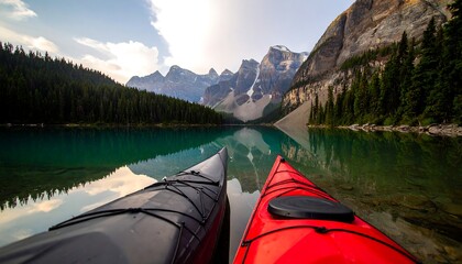 Kayaks on a serene mountain lake