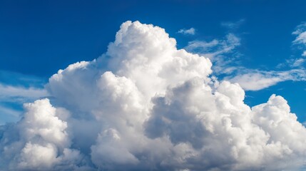 Naklejka premium Bright White Cumulus Cloud Against a Vibrant Blue Sky: Fluffy Cumulus Cloud in Vivid Blue Sky, Crisp Sky Scene with Luminous White Cloud—Serene Nature View of Cumulus in Bold Blue Sky