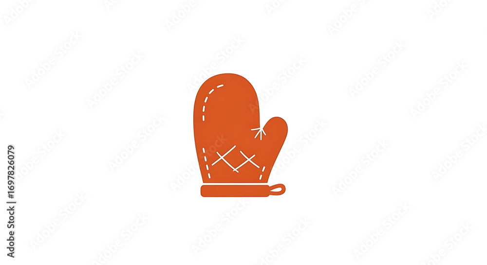 Poster a cartoon oven mitt in orange with white stitching on a white background in a simple vector style ai