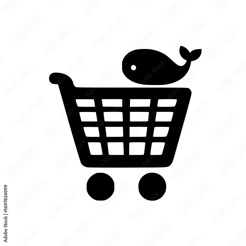 Poster online store shopping cart with whale emblem for digital marketplace vector icon and web design