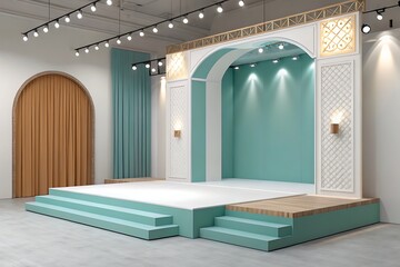 Stage with arch and teal curtains wooden door