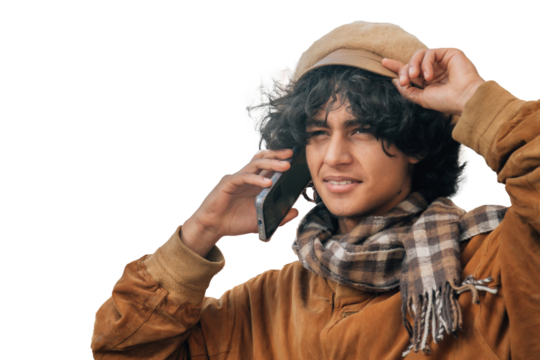Young man with mobile phone and winter clothes isolated, cut out - Powered by Adobe