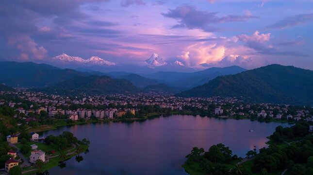 Peaceful view of Pokhara city with Phewa Lake and Machapuchare peak at sunset, serene landscape deeply cherished by Nepalese people for its natural beauty and cultural significance
