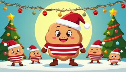 Fototapeta premium Festive characters wearing santa hats and striped shirts christmas holiday