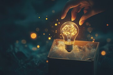A hand reaching for a glowing light bulb shaped like a brain, nestled in a wooden box