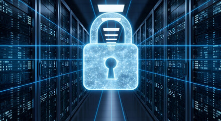 Secure digital network with glowing padlock and server racks, symbolizing data protection and cybersecurity innovation