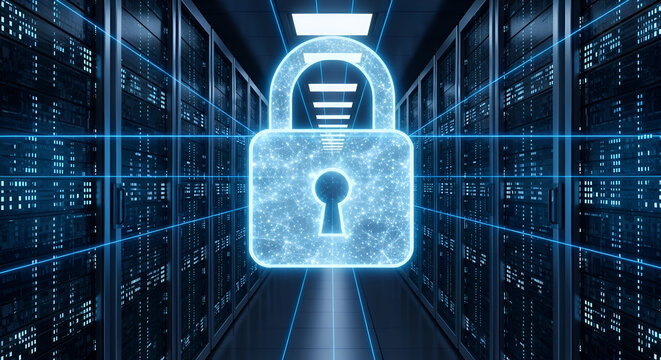 Secure digital network with glowing padlock and server racks, symbolizing data protection and cybersecurity innovation